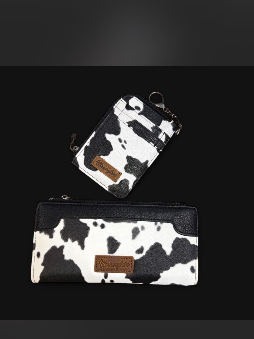 Wrangler Black and White Cow Print Wallet & Card Holder Set